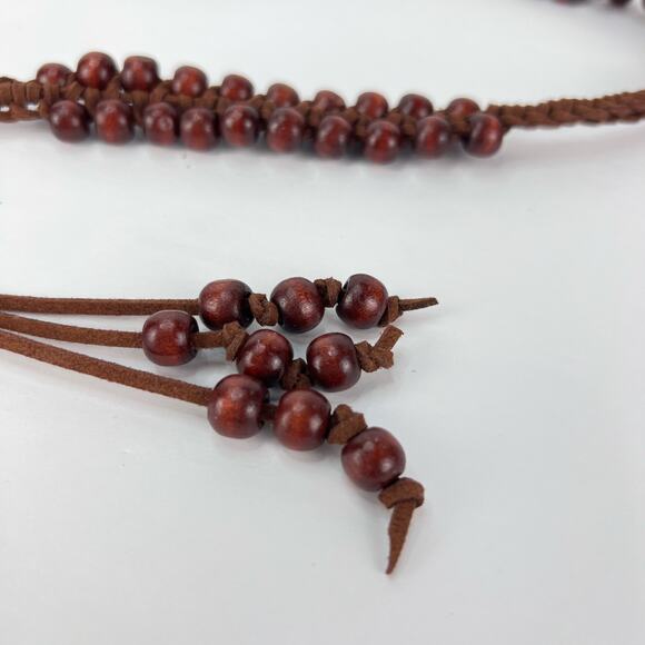 Bohemian-Style Sash Belt Wooden Beaded Chain Wooden Ring Leather Tie Closure OS - Picture 7 of 10